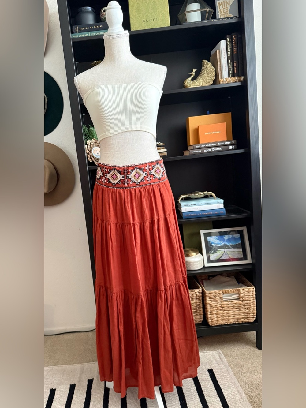 Anthropologie Embroidered Rust Maxi Skirt